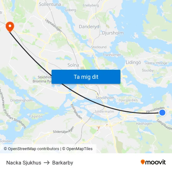 Nacka Sjukhus to Barkarby map