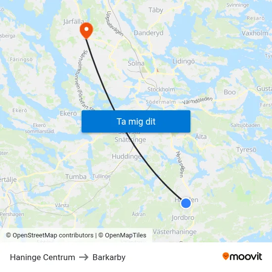 Haninge Centrum to Barkarby map
