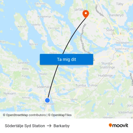 Södertälje Syd Station to Barkarby map