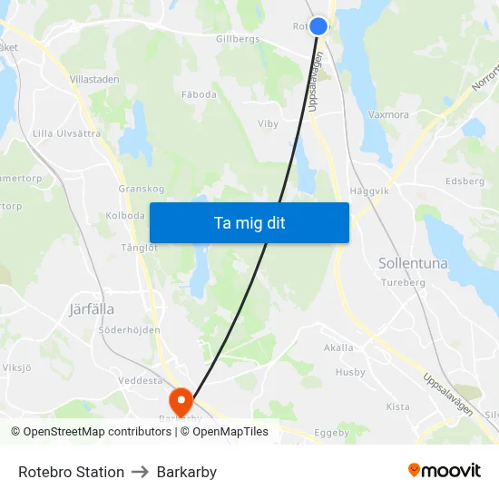 Rotebro Station to Barkarby map