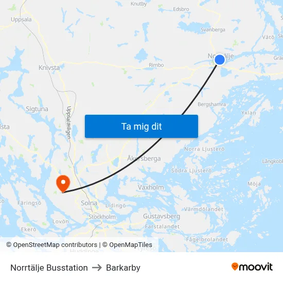 Norrtälje Busstation to Barkarby map