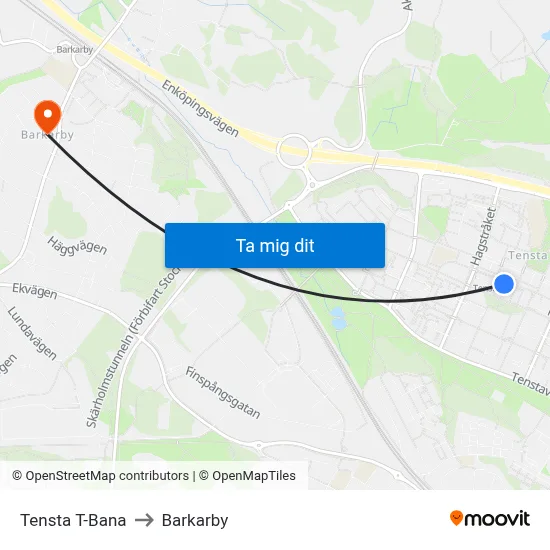 Tensta T-Bana to Barkarby map
