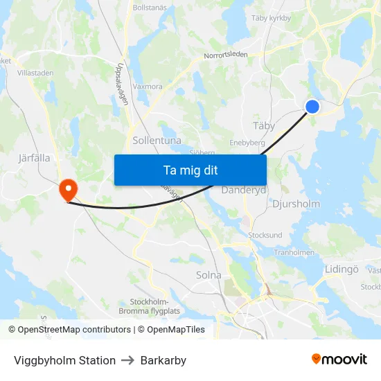 Viggbyholm Station to Barkarby map