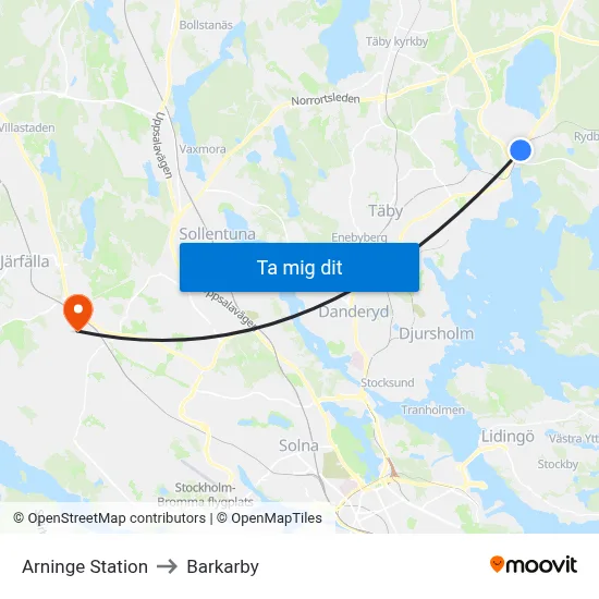 Arninge Station to Barkarby map
