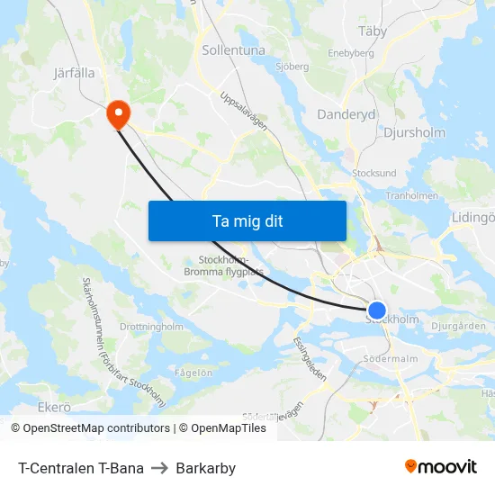 T-Centralen T-Bana to Barkarby map