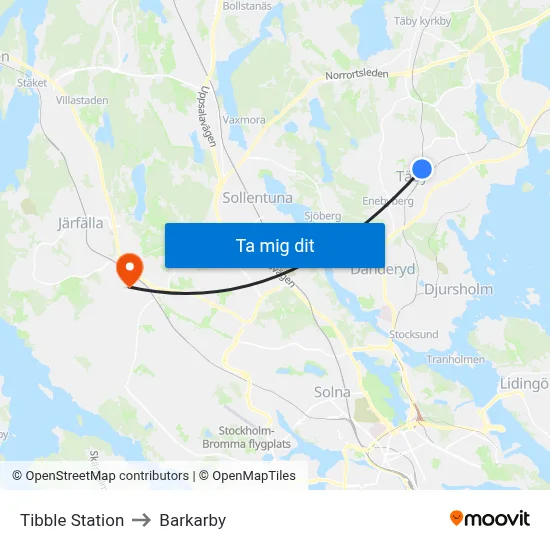 Tibble Station to Barkarby map
