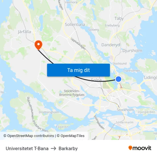 Universitetet T-Bana to Barkarby map