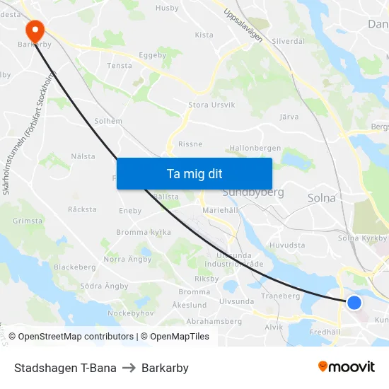 Stadshagen T-Bana to Barkarby map