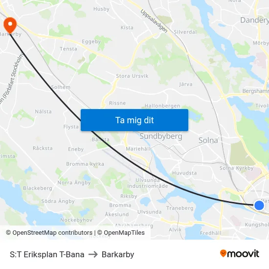 S:T Eriksplan T-Bana to Barkarby map