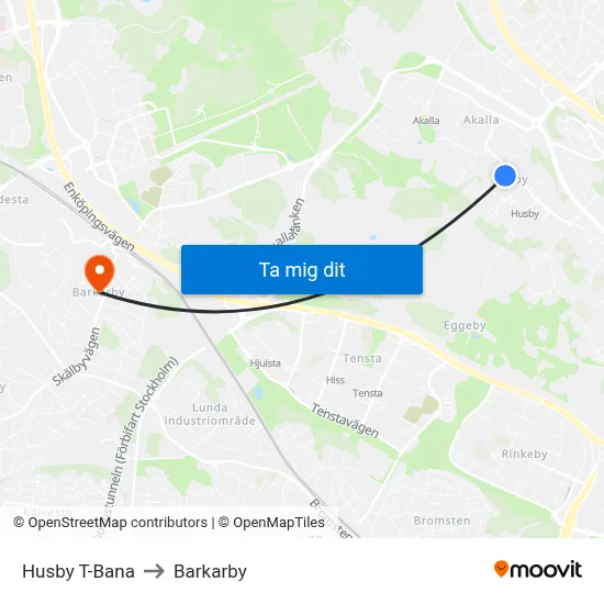 Husby T-Bana to Barkarby map