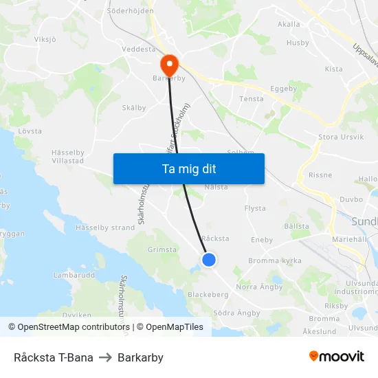 Råcksta T-Bana to Barkarby map