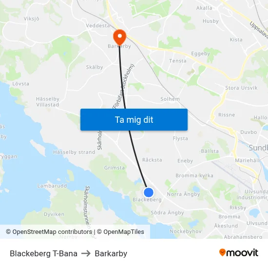 Blackeberg T-Bana to Barkarby map