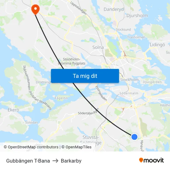 Gubbängen T-Bana to Barkarby map