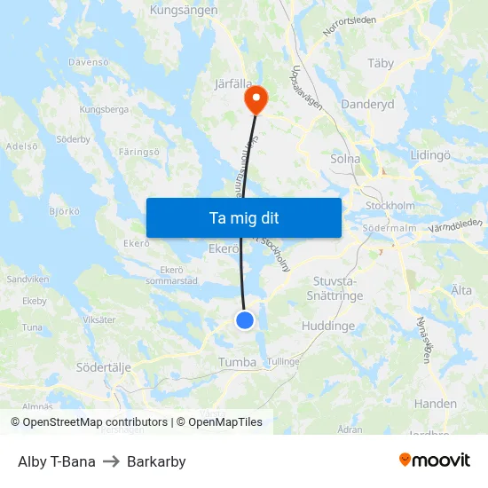 Alby T-Bana to Barkarby map