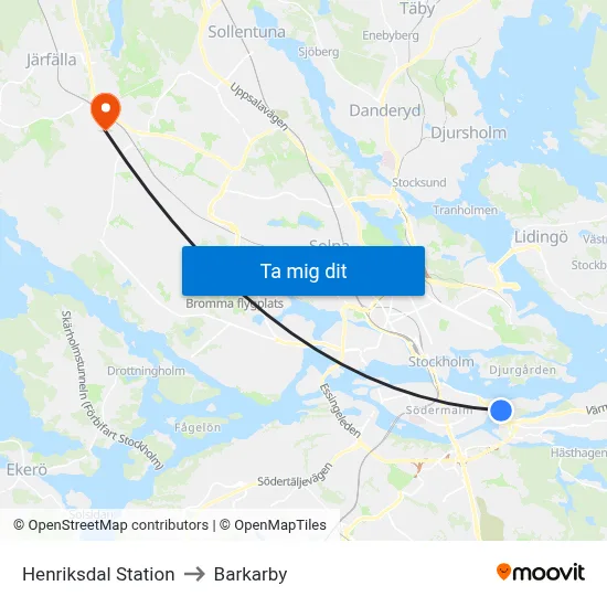 Henriksdal Station to Barkarby map