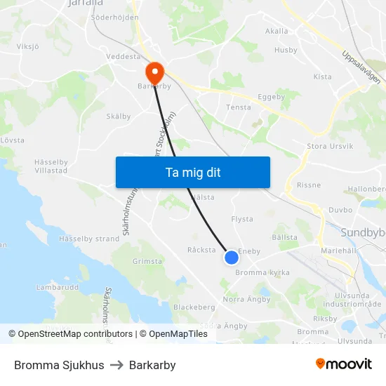 Bromma Sjukhus to Barkarby map
