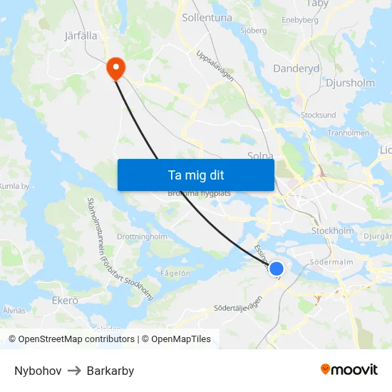 Nybohov to Barkarby map