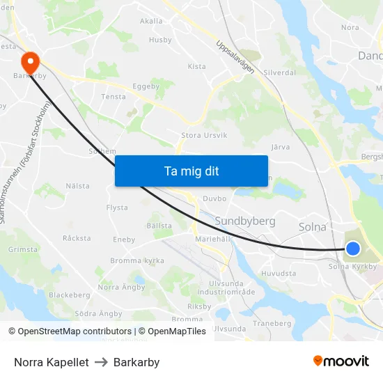 Norra Kapellet to Barkarby map