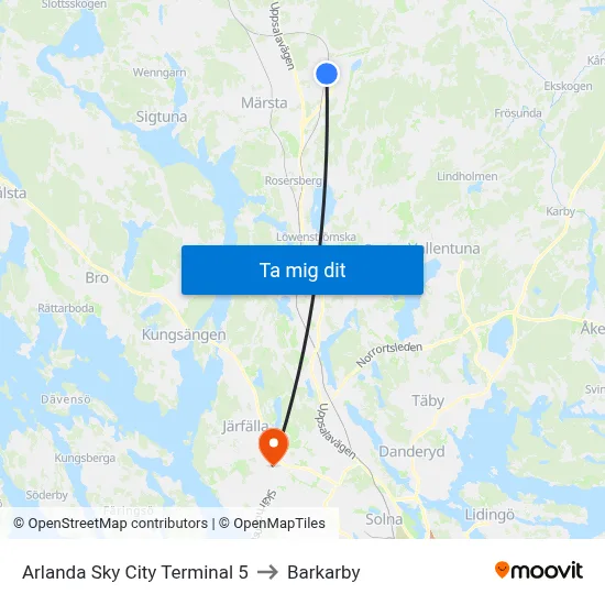 Arlanda Sky City Terminal 5 to Barkarby map
