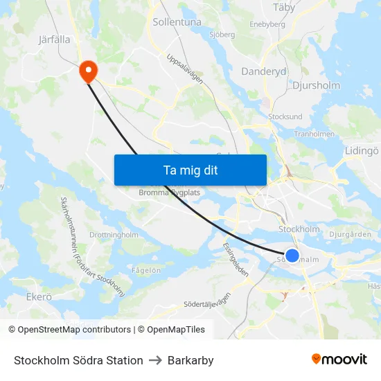 Stockholm Södra Station to Barkarby map