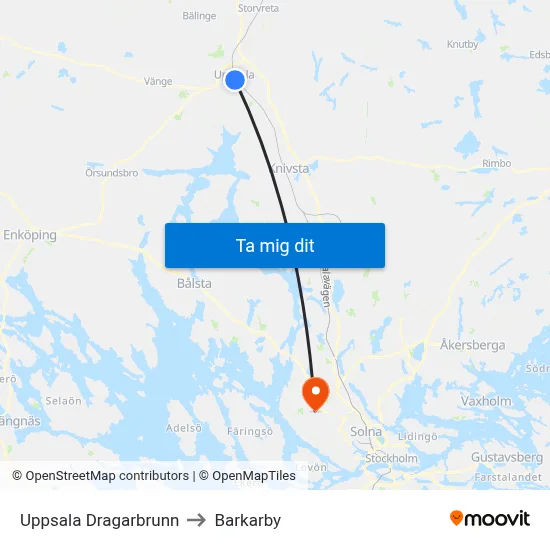 Uppsala Dragarbrunn to Barkarby map