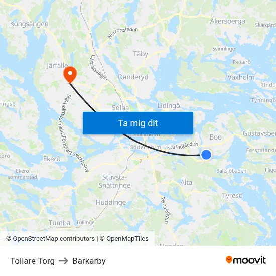 Tollare Torg to Barkarby map