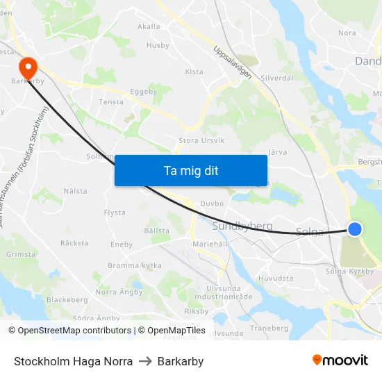Stockholm Haga Norra to Barkarby map