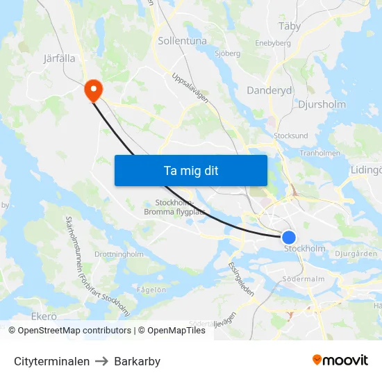 Cityterminalen to Barkarby map