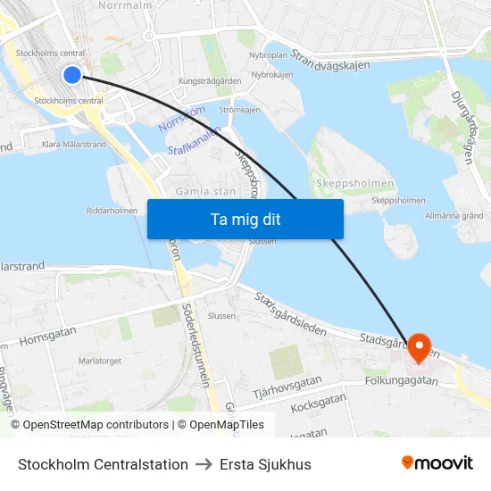 Stockholm Centralstation to Ersta Sjukhus map