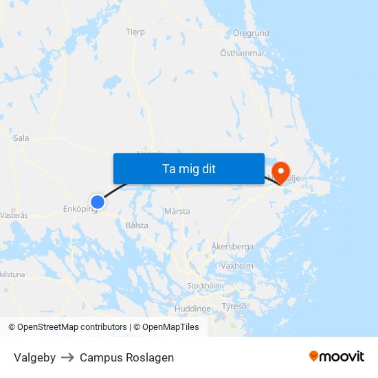 Valgeby to Campus Roslagen map