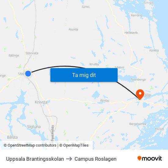 Uppsala Brantingsskolan to Campus Roslagen map