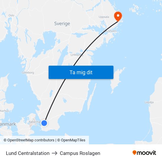 Lund Centralstation to Campus Roslagen map