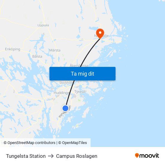 Tungelsta Station to Campus Roslagen map