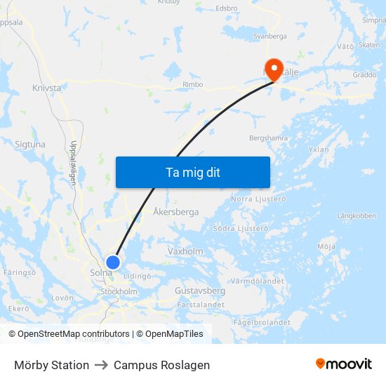 Mörby Station to Campus Roslagen map