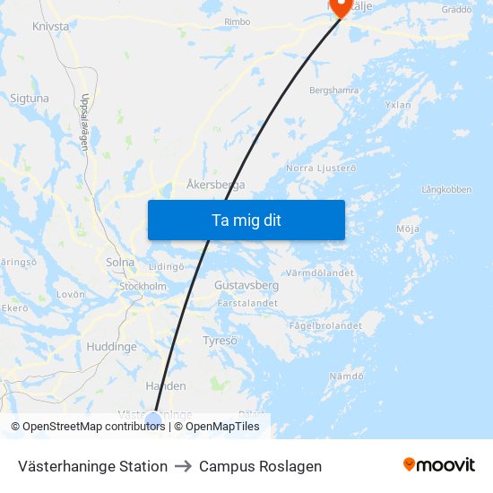 Västerhaninge Station to Campus Roslagen map