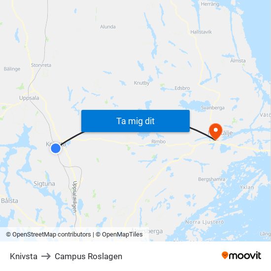 Knivsta to Campus Roslagen map