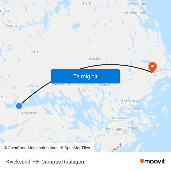 Kvicksund to Campus Roslagen map