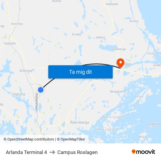 Arlanda Terminal 4 to Campus Roslagen map