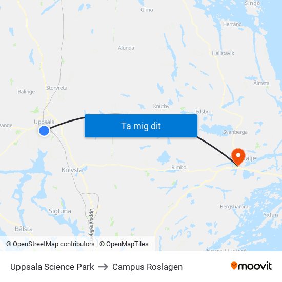 Uppsala Science Park to Campus Roslagen map