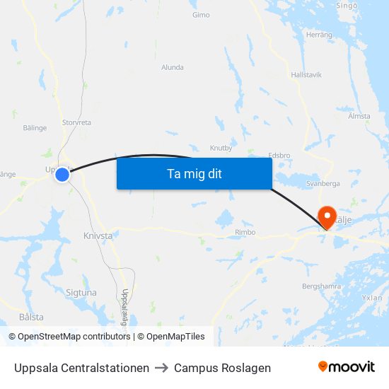 Uppsala Centralstationen to Campus Roslagen map