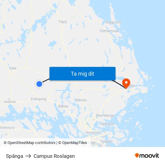 Spånga to Campus Roslagen map