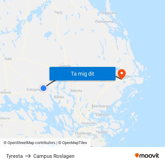 Tyresta to Campus Roslagen map