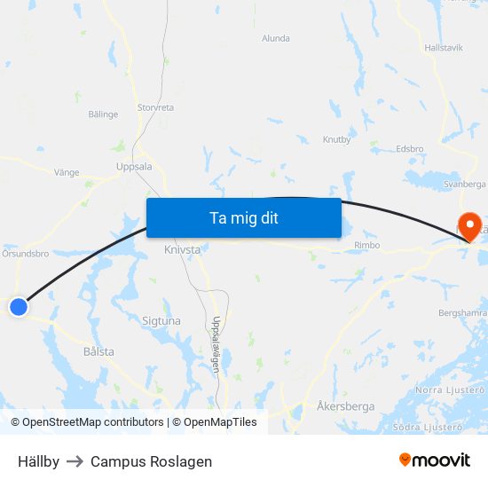 Hällby to Campus Roslagen map