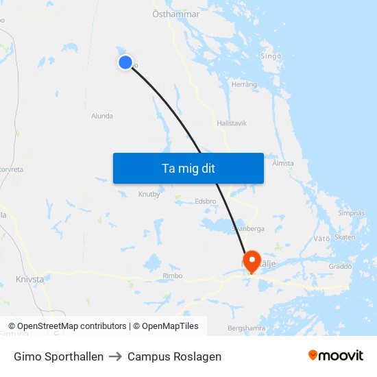 Gimo Sporthallen to Campus Roslagen map