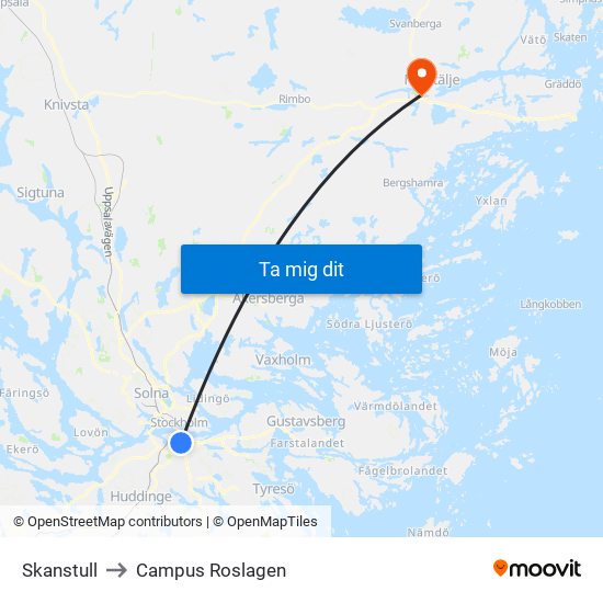 Skanstull to Campus Roslagen map