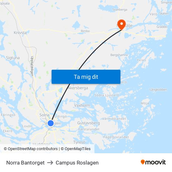 Norra Bantorget to Campus Roslagen map