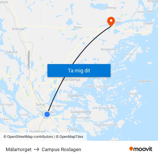 Mälartorget to Campus Roslagen map