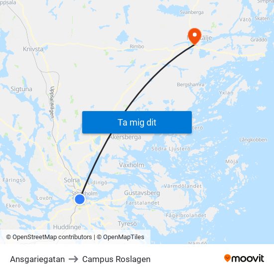 Ansgariegatan to Campus Roslagen map