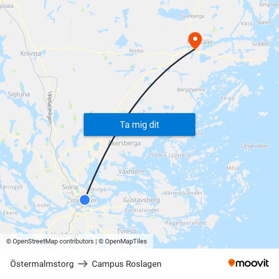 Östermalmstorg to Campus Roslagen map