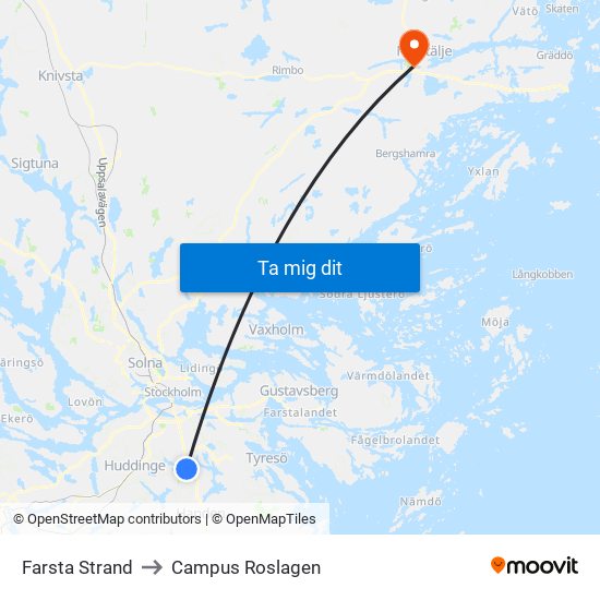 Farsta Strand to Campus Roslagen map